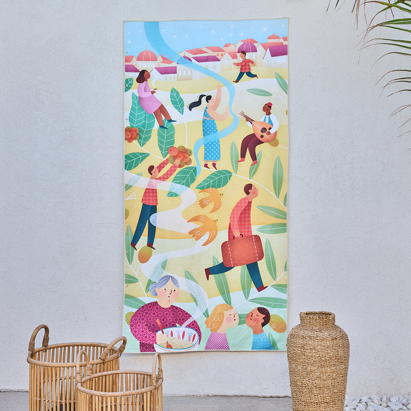 A Journey Home art beach towel by Ruaida Mannaa, families carrying suitcases and plants, hanging on a wall
