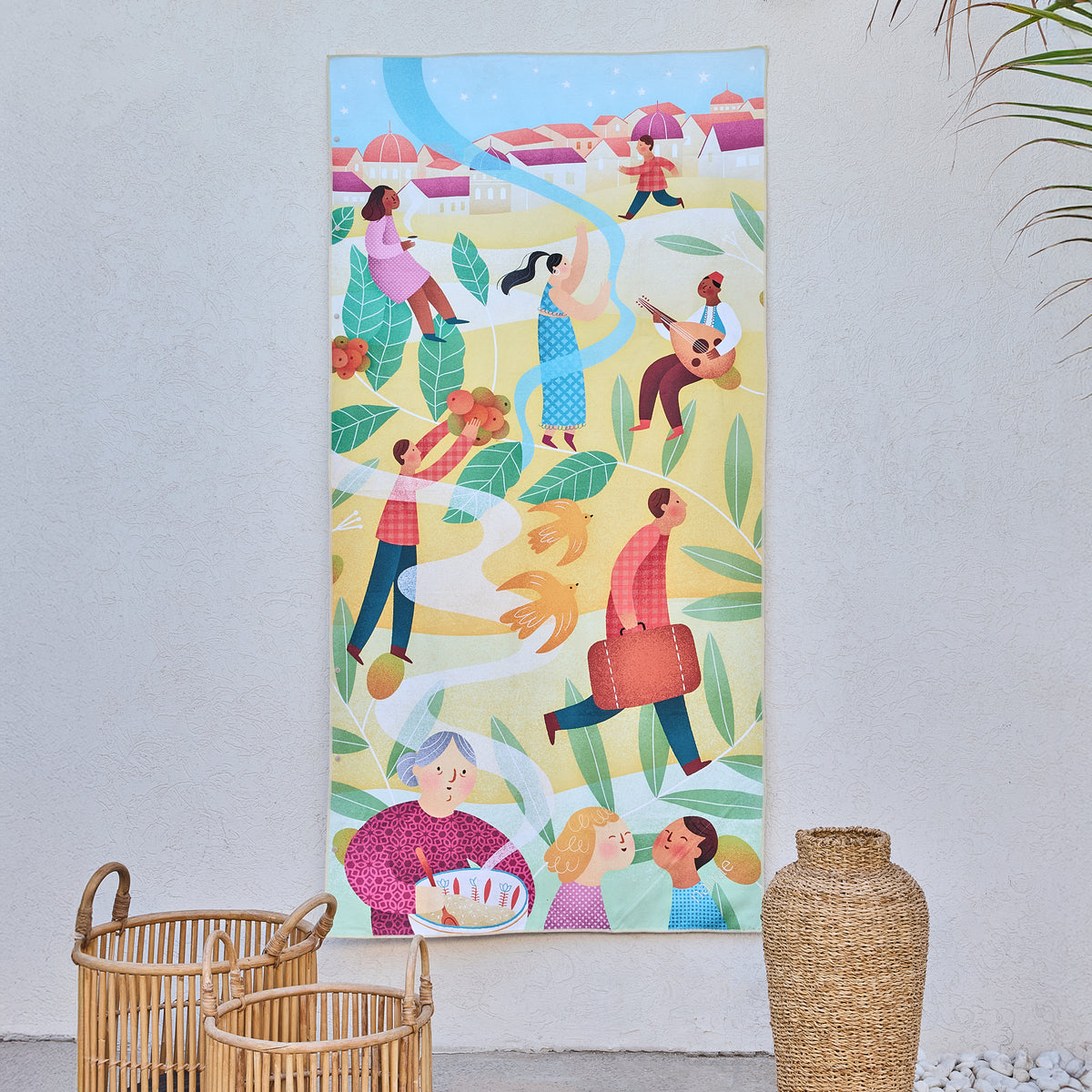 A Journey Home art beach towel by Ruaida Mannaa, families carrying suitcases and plants, hanging on a wall